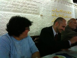 An Abrahmic trio at lunch - guess who's who.  And some verses of Persian poetry on the wall behind in Farsi.  Bosnia loves its poets and people have been quoting poetry frequently.