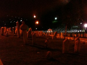 Muslim gravestones here are white and shaped liked small Cleopatra's needles.  Carved turbans on the top are the graves of those believed to have gone straight to heaven.