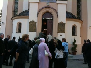 Going into Pop Nico's Serbian Orthodox church in Tuzla with our Bosnian friends.  We spent one day with the Muslim community, one with the Serbian Orthodox church and one with the Roman Catholics, who are mainly Croat and mainly Franciscan.