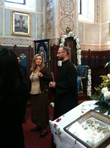 Inside the church, Nico telling us about its history, interpreted by Alenka on the left.  Different churches have different traditions and in the orthodox tradition only Christian priests are allowed behind the screen at head of the church.  Some discussion about this within our group, including the recent incident of Jim Fitzpatrick MP and his wife walking out of a Muslim wedding reception because men and women celebrated in different parts of the building.  When in Rome . . . or stick to your principles?  The symbolism of the building itself (eg some parts set aside for particular activities, paintings for teaching the congregation) seems more prominent in churches, whereas behavioural symbolism (eg filling up the rows of prayer so that worshippers are close together, not walking in front of someone who is praying) seems more important in mosques. Put me right on this huge over-generalisation by posting a comment!