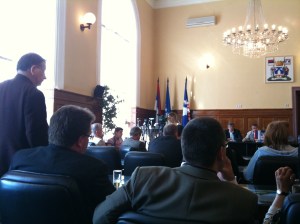 Leslie Griffiths, one of our group, addressing the Mayor of Bijeljina.