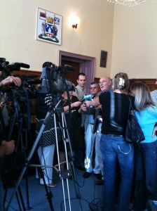 Local TV interest was strong - Paul and Junuz facing the press after our meeting with the Mayor of Bijeljina.
