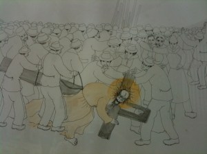 One of the Stations of the Cross from the Catholic church in Tuzla.  Bosnians (the different communities represented by their different hats) contribute to the world's suffering.