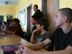 Children at the Catholic high school in Tuzla, which accepts children from all communities (currently 30% are Muslims).  Our UK group had different views on the two schools we visited, although this high school and the madrassa were not strictly comparable (the latter being partly a theological college for future religious leaders).  This school was certainly a lot more noisy than the madrassa!  Fra Zdravko, the Prior of the Friary, is standing behind the children.  He had a very relaxed manner with them.  It is easier to say Bosnian names than to read them!