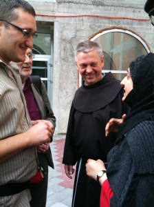 Fr Paulo, Paul from SANA (partially hidden), a Franciscan friar involved in the trauma centre based in Sarajevo (open to Bosnians from all communities) & Anjum.