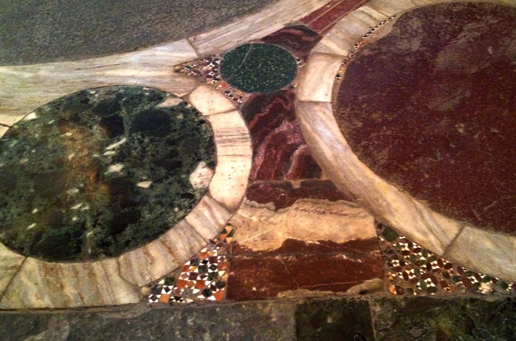 Marble floor in the nave of Haghia Sophia, where Byzantine Roman emperors were crowned. Reminded me of Westminster Abbey's C13th Italian marble Cosmati pavement.