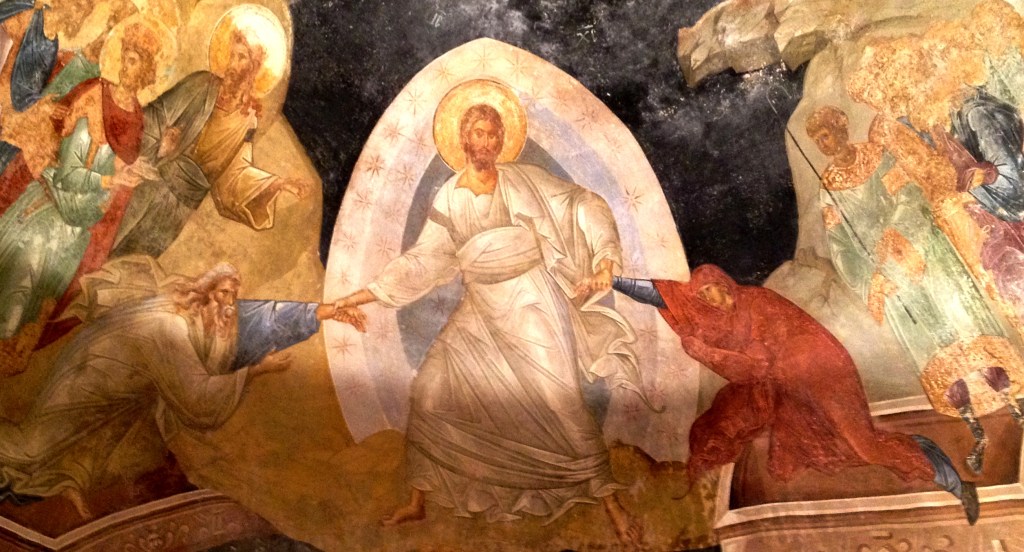 Unusually active & muscular Christ, pulling Adam and Eve from their graves - a fresco in a stunning Byzantine church (now a museum) in Chora, Istanbul.