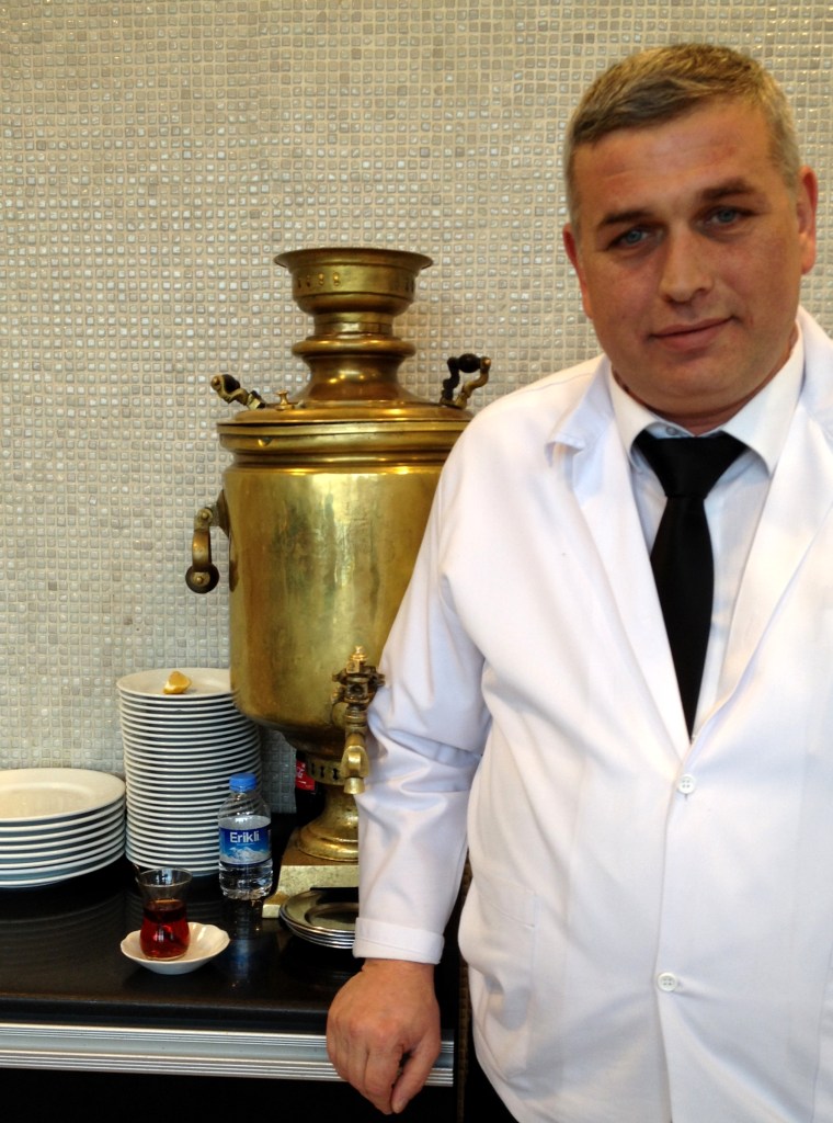 Samovar in a lokanta (swift service lunchtime restaurant) on the Asian side of Istanbul.  Hot salep was also served from samovars on the street at night.  The other place I've noticed samovars is in Iran.